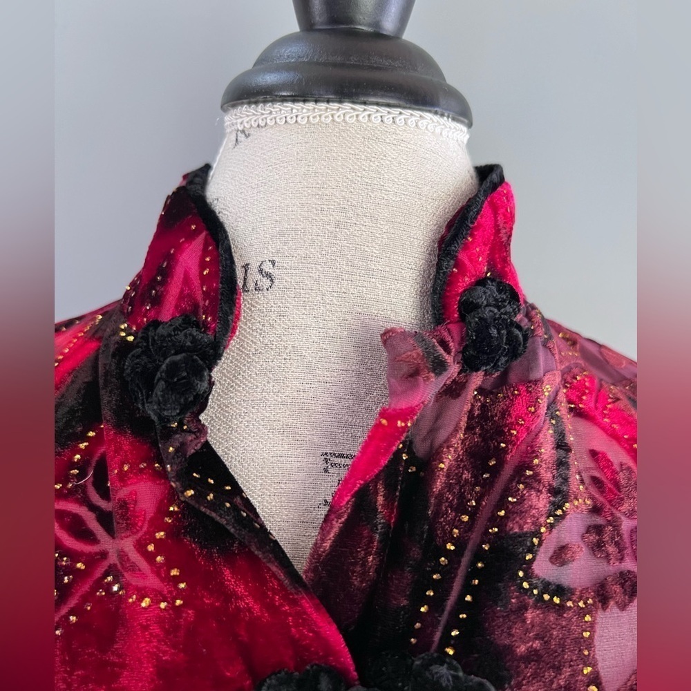 ARIA A Medium Fall Color Velvet Burnout Silk Blend Asian Kimono Top Frog Closure - Picture 2 of 12
